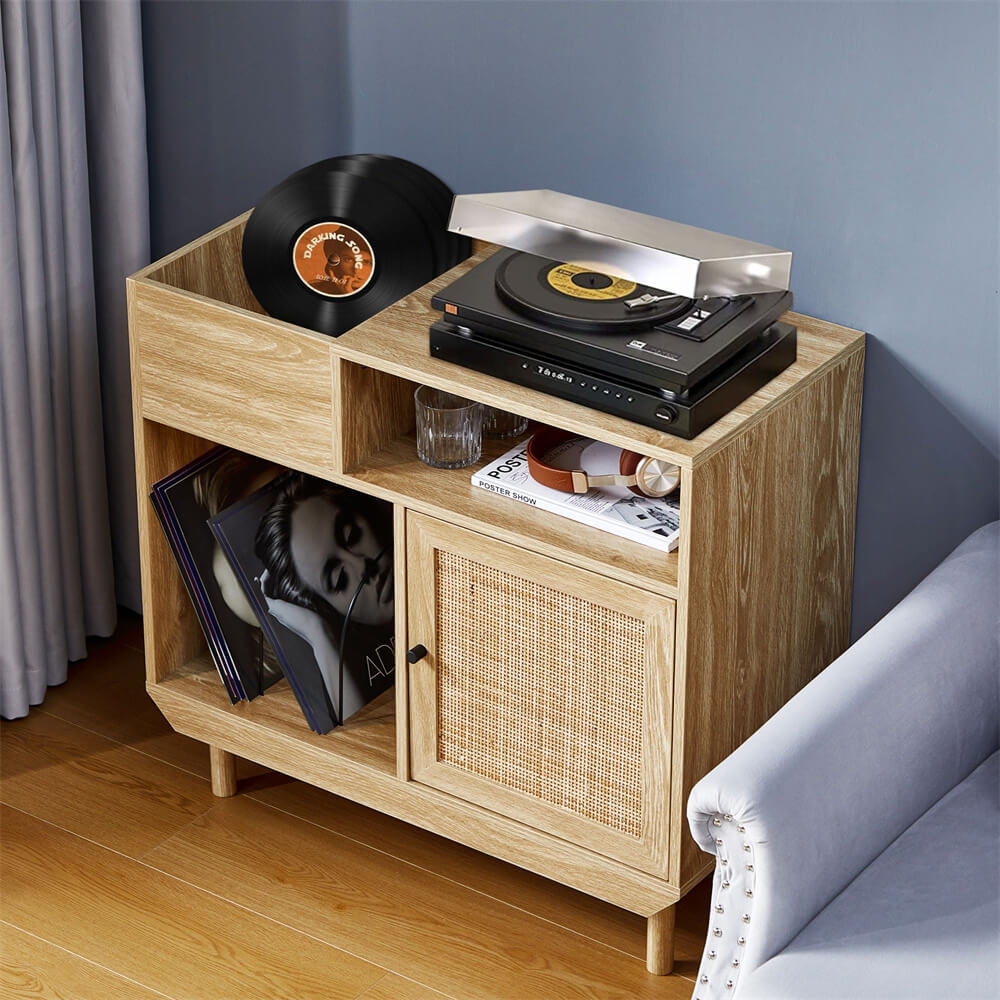 Rattan Record Player Stand Turntable Stand with Record Storage