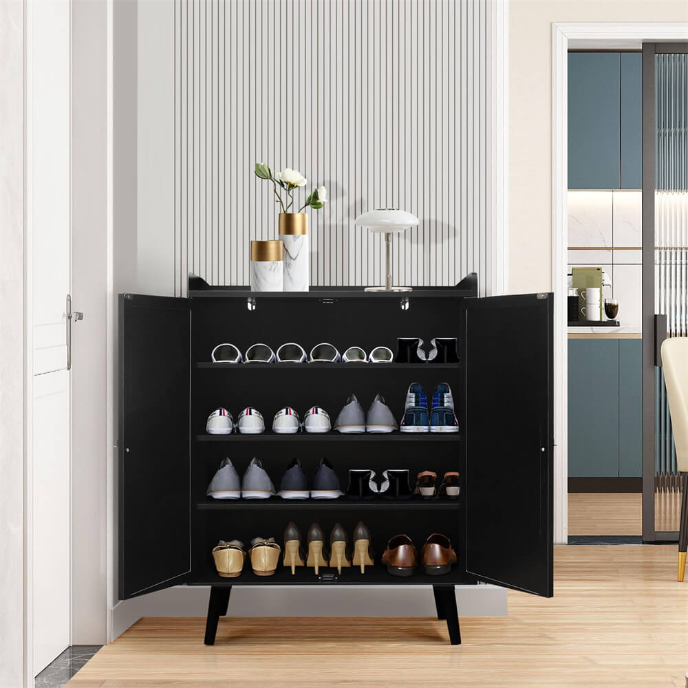Rattan Shoe Cabinet 4-Tier Freestanding Shoe Rack With 2 Rattan Doors
