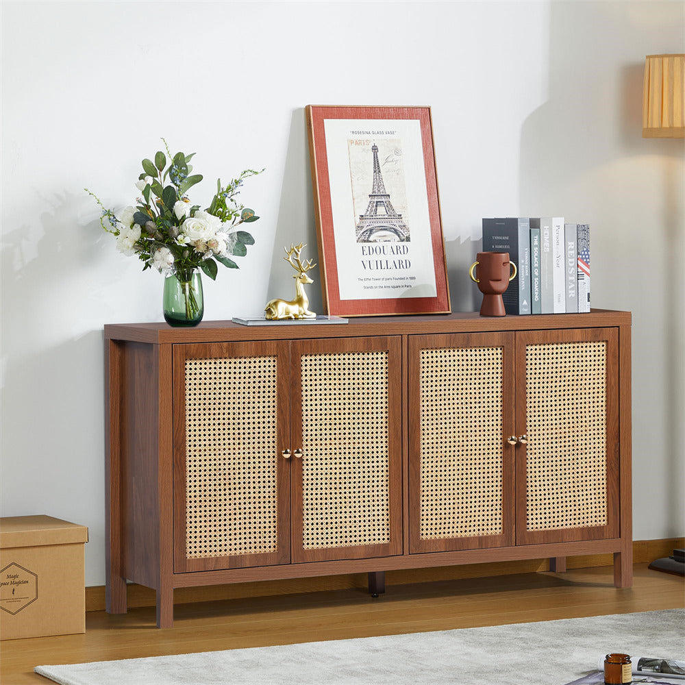 Rattan Storage Cabinet Sideboard Buffet Walnut with 4 Doors and Adjustable Shelves