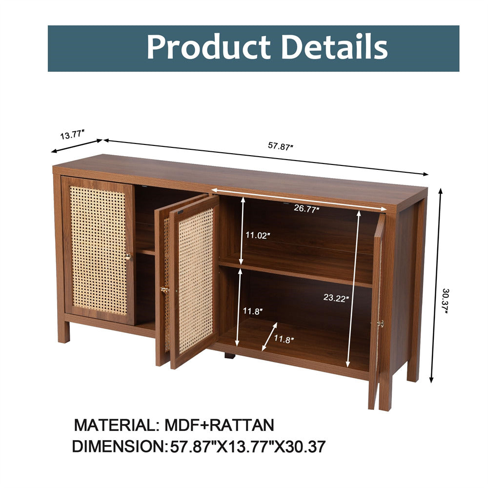 Rattan Storage Cabinet Sideboard Buffet Walnut with 4 Doors and Adjustable Shelves