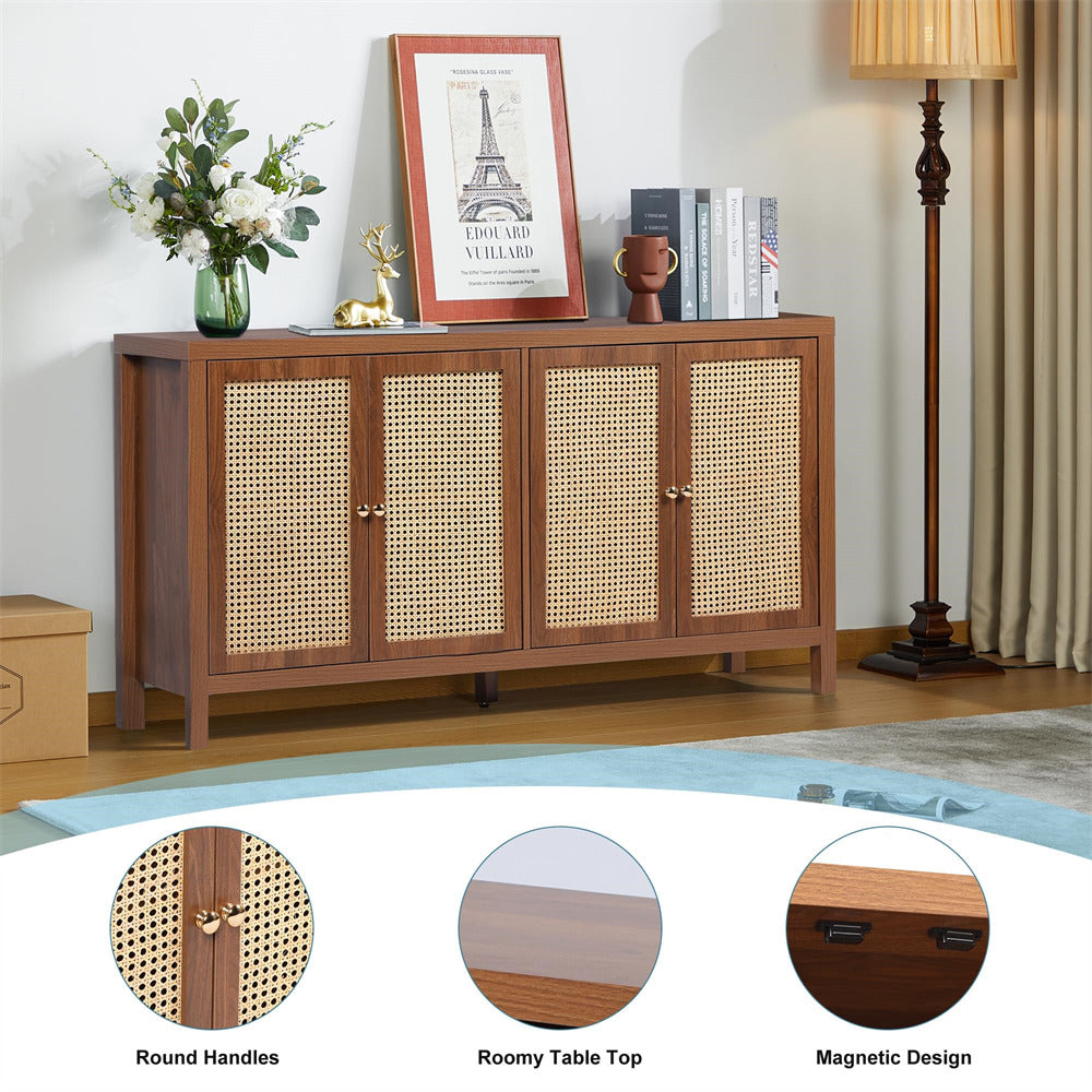 Rattan Storage Cabinet Sideboard Buffet Walnut with 4 Doors and Adjustable Shelves