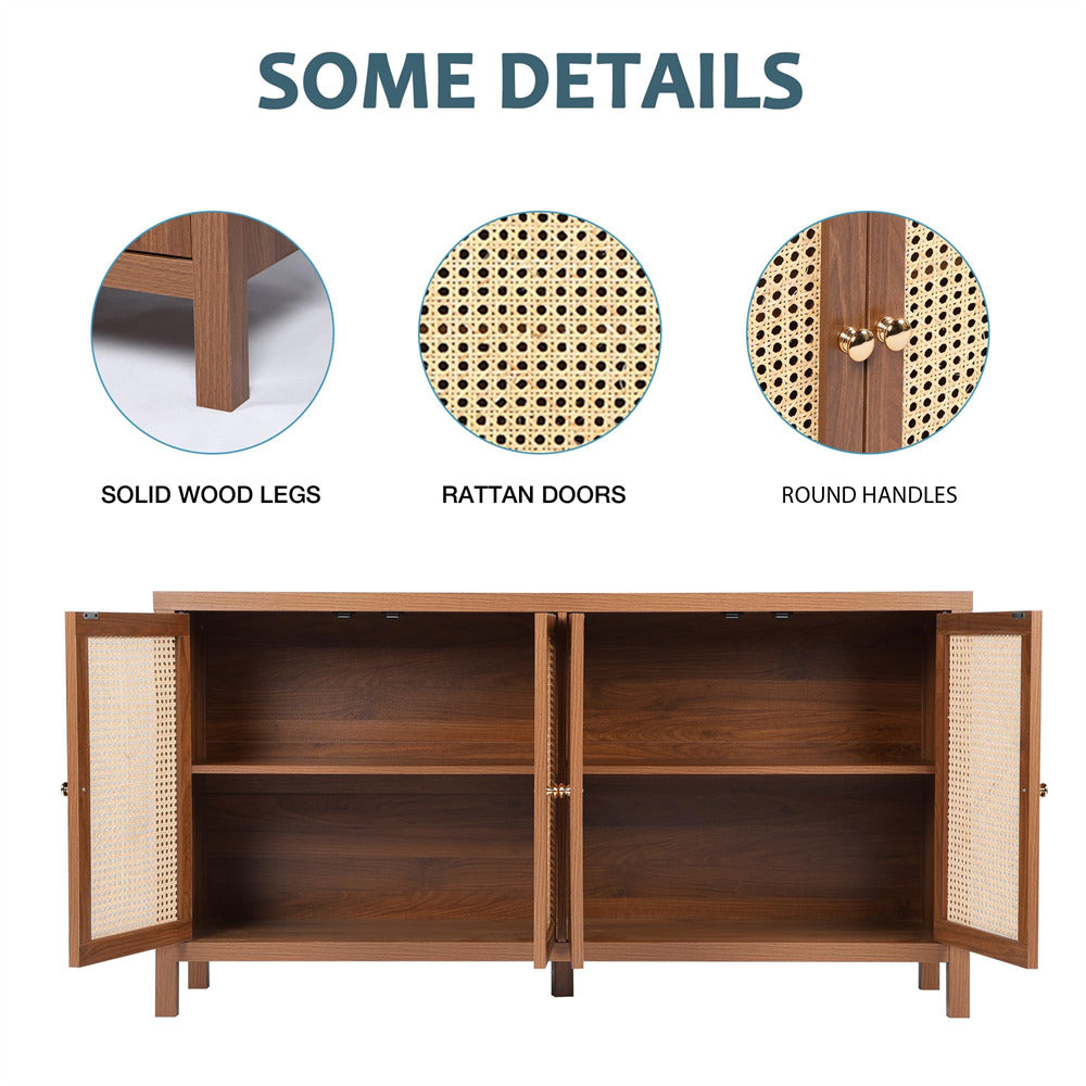 Rattan Storage Cabinet Sideboard Buffet Walnut with 4 Doors and Adjustable Shelves