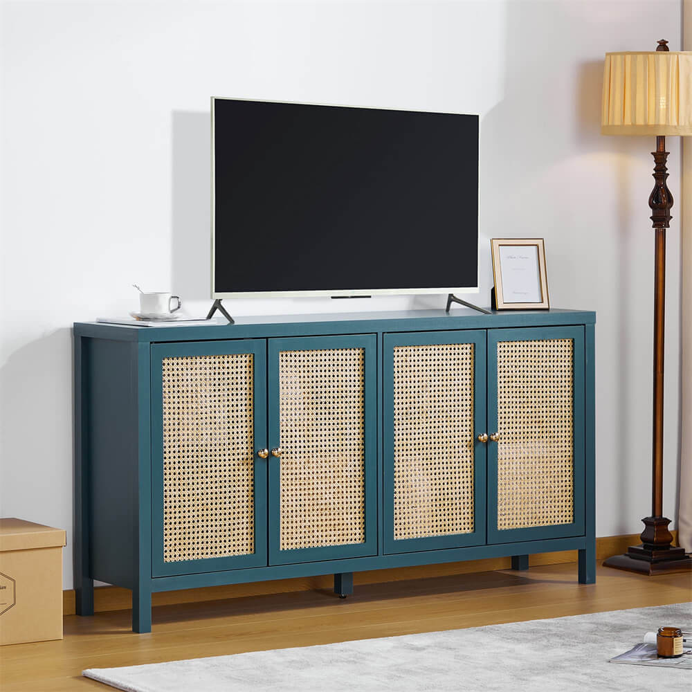 Rattan Storage Cabinet Sideboard Buffet Blue with 4 Doors and Adjustable Shelves