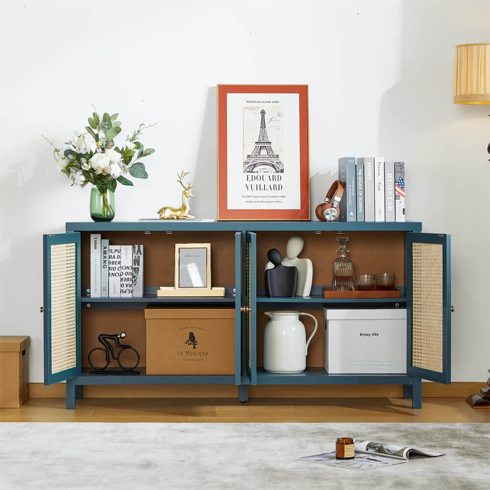 Rattan Storage Cabinet Sideboard Buffet Blue with 4 Doors and Adjustable Shelves