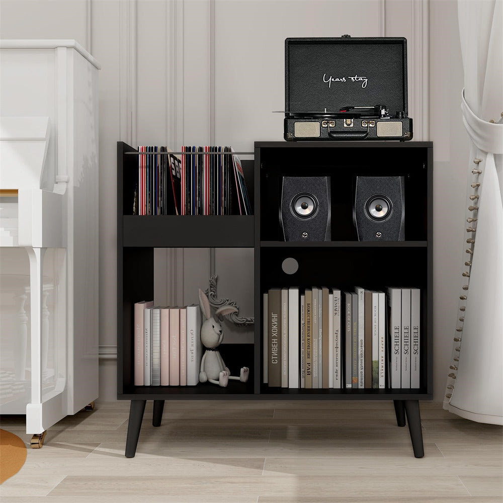 Vinyl Record Player Stand Turntable Stand with Power Outlet Black