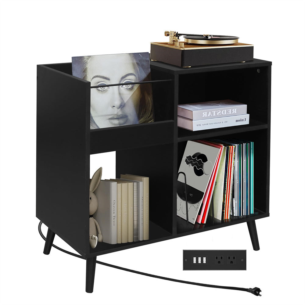 Vinyl Record Player Stand Turntable Stand with Power Outlet Black