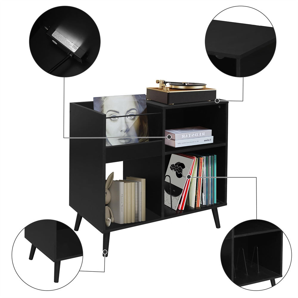 Vinyl Record Player Stand Turntable Stand with Power Outlet Black