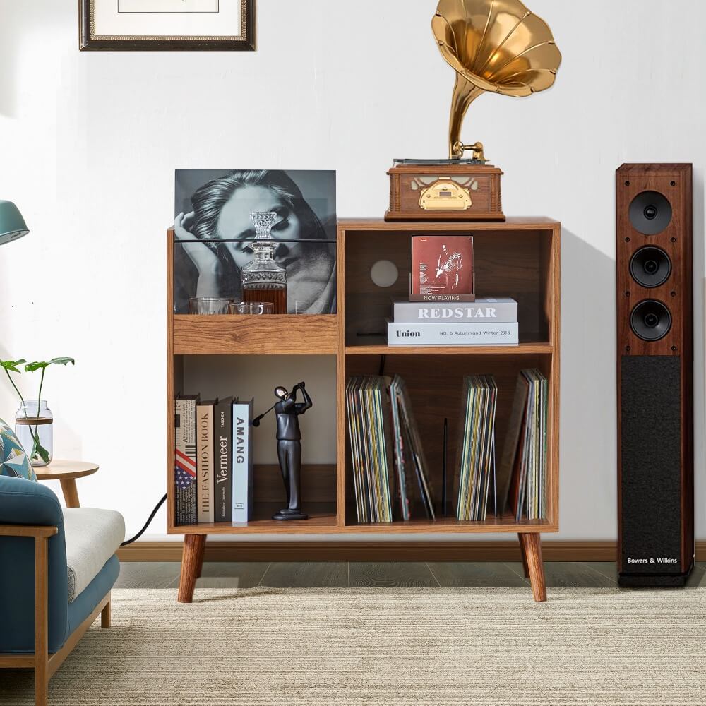 Vinyl Record Player Stand Turntable Stand with Power Outlet Walnut Color