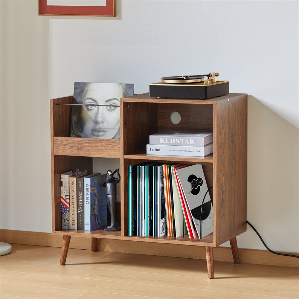 Vinyl Record Player Stand Turntable Stand with Power Outlet Walnut Color