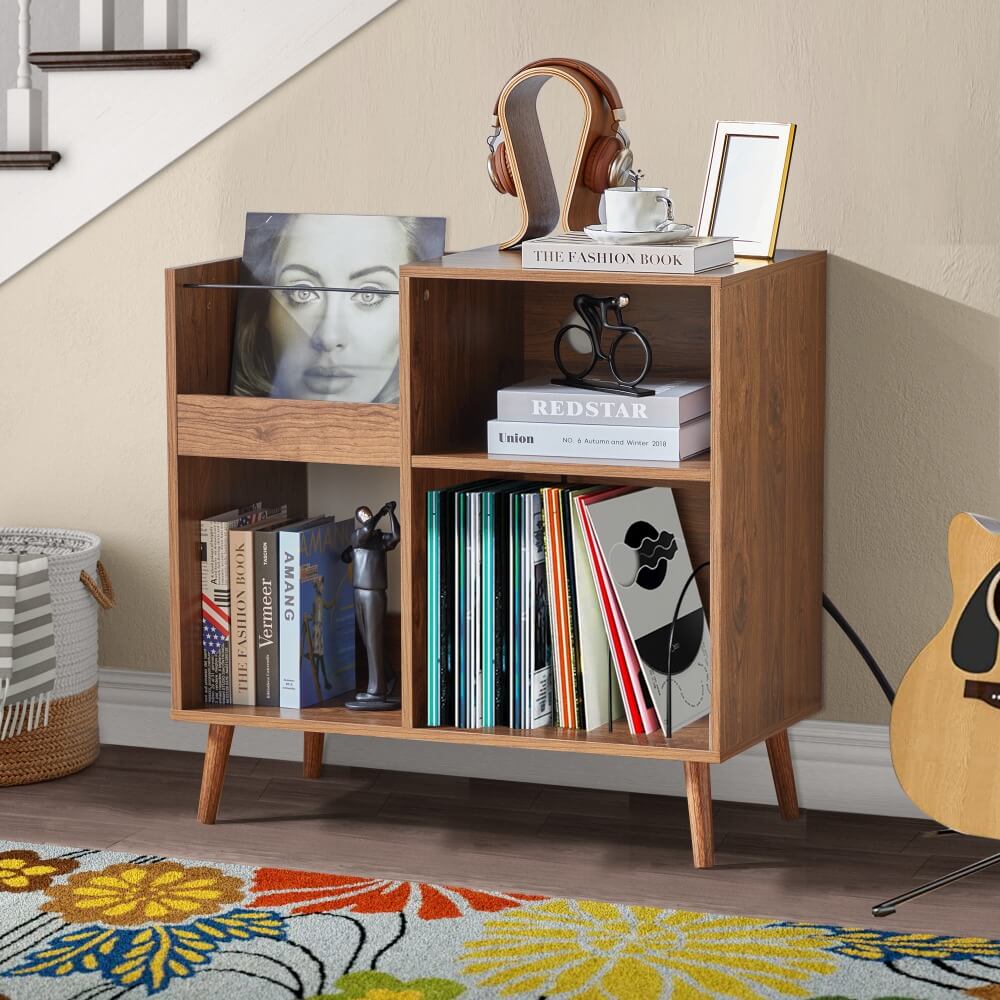 Vinyl Record Player Stand Turntable Stand with Power Outlet Walnut Color