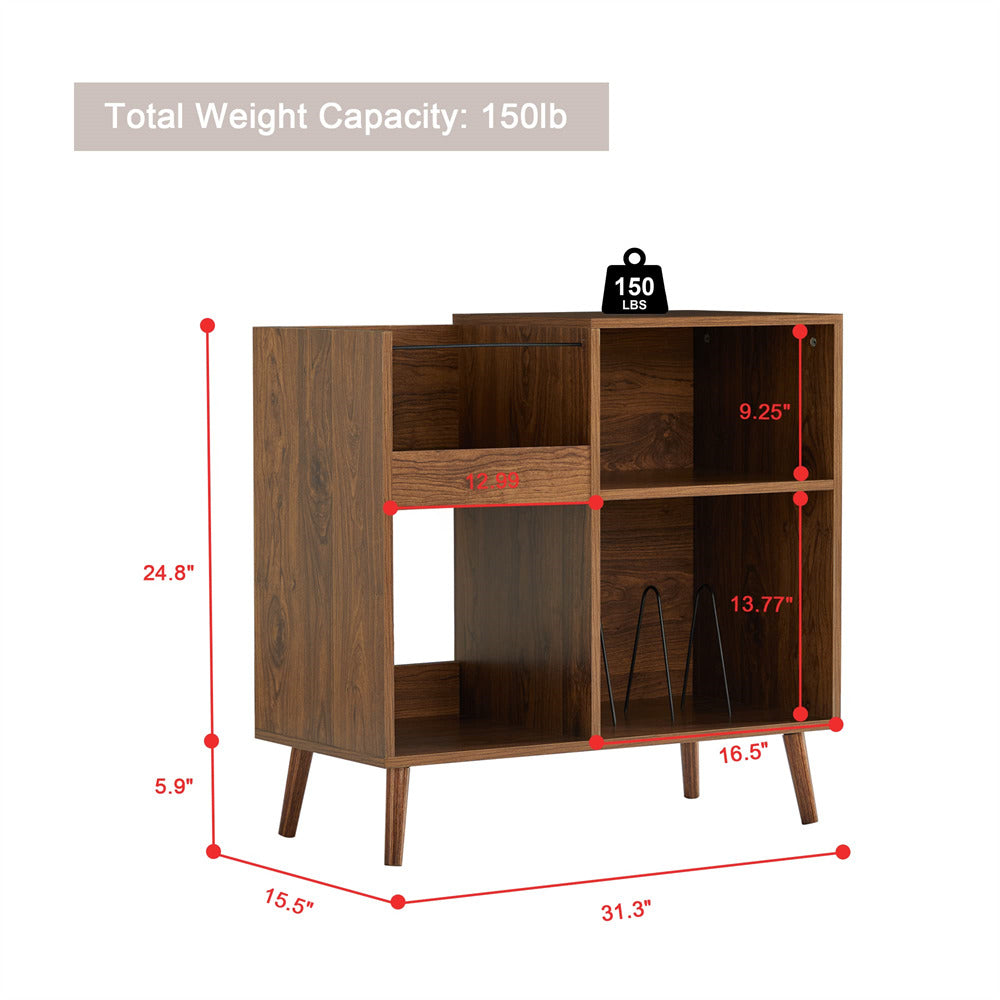 Vinyl Record Player Stand Turntable Stand with Power Outlet Walnut Color