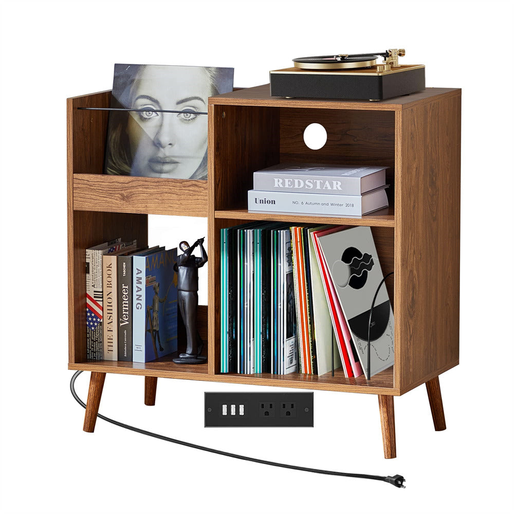 Vinyl Record Player Stand Turntable Stand with Power Outlet Walnut Color