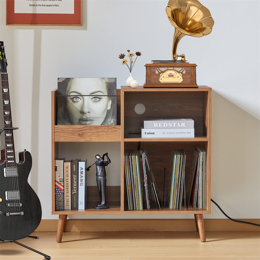 Vinyl Record Player Stand Turntable Stand with Power Outlet Walnut Color
