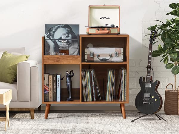Vinyl Record Player Stand Turntable Stand with Power Outlet Walnut Color