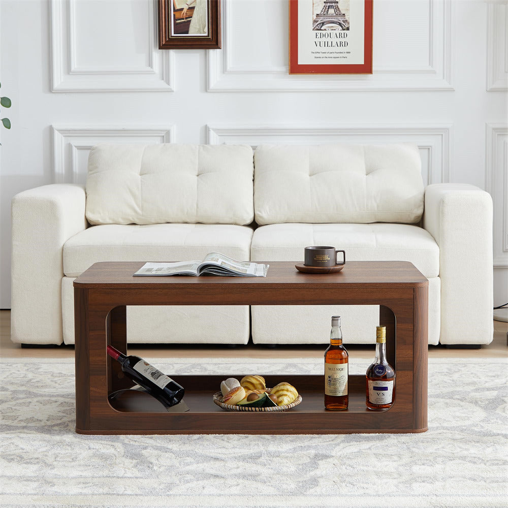 Walnut 2-Tier Rectangle Coffee Tea Table with Storage Shelf