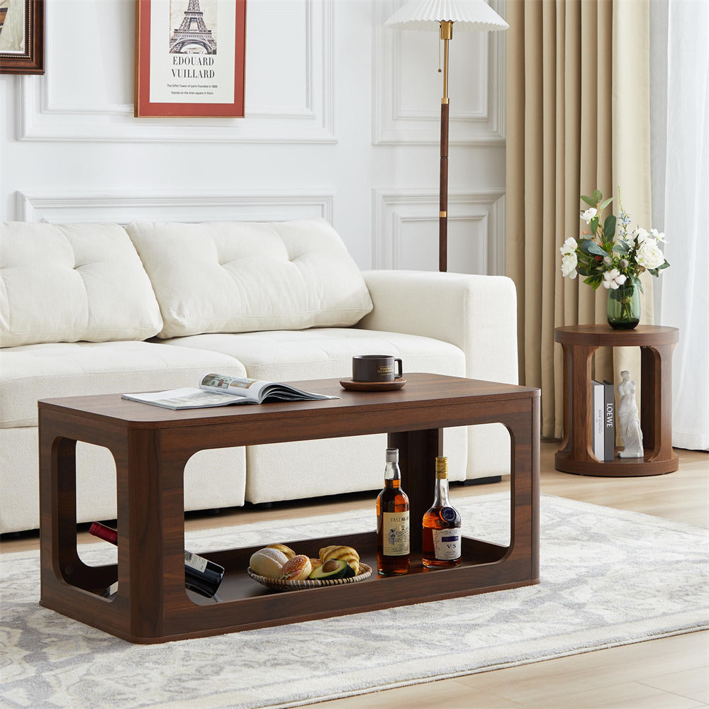 Walnut 2-Tier Rectangle Coffee Tea Table with Storage Shelf