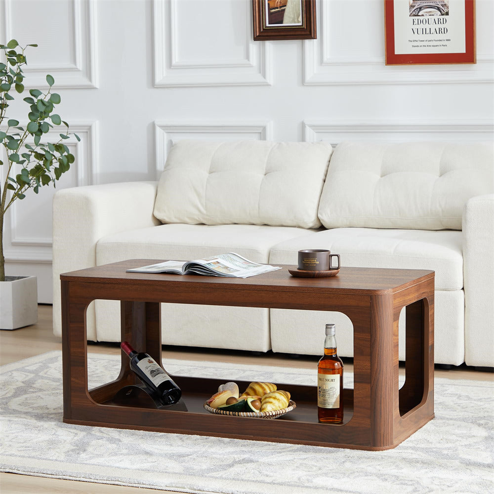Walnut 2-Tier Rectangle Coffee Tea Table with Storage Shelf
