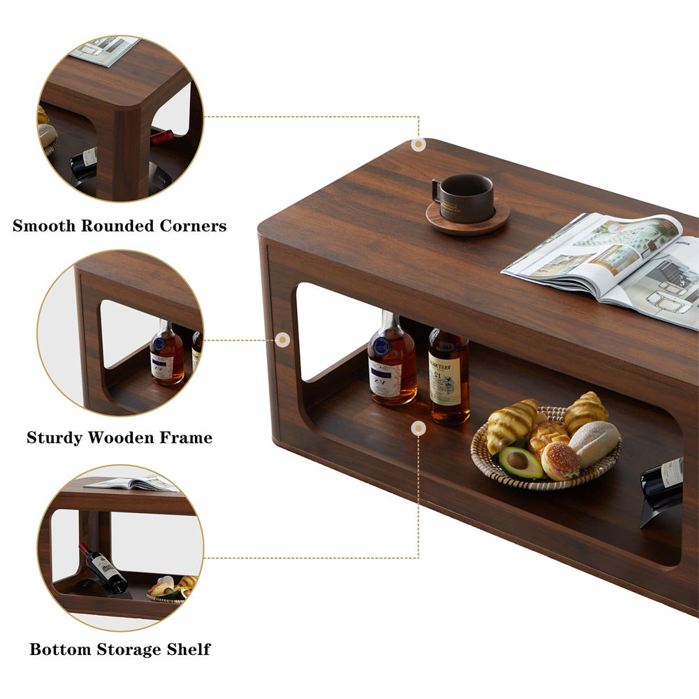 Walnut 2-Tier Rectangle Coffee Tea Table with Storage Shelf