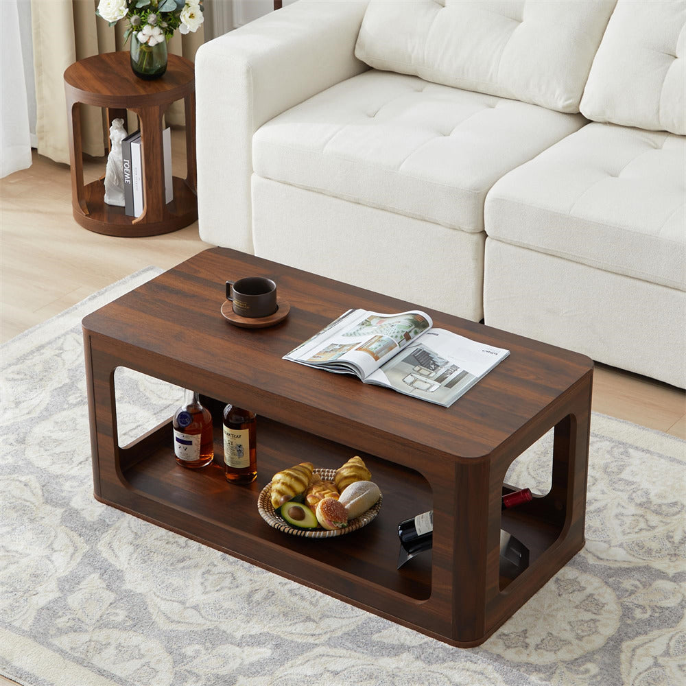 Walnut 2-Tier Rectangle Coffee Tea Table with Storage Shelf