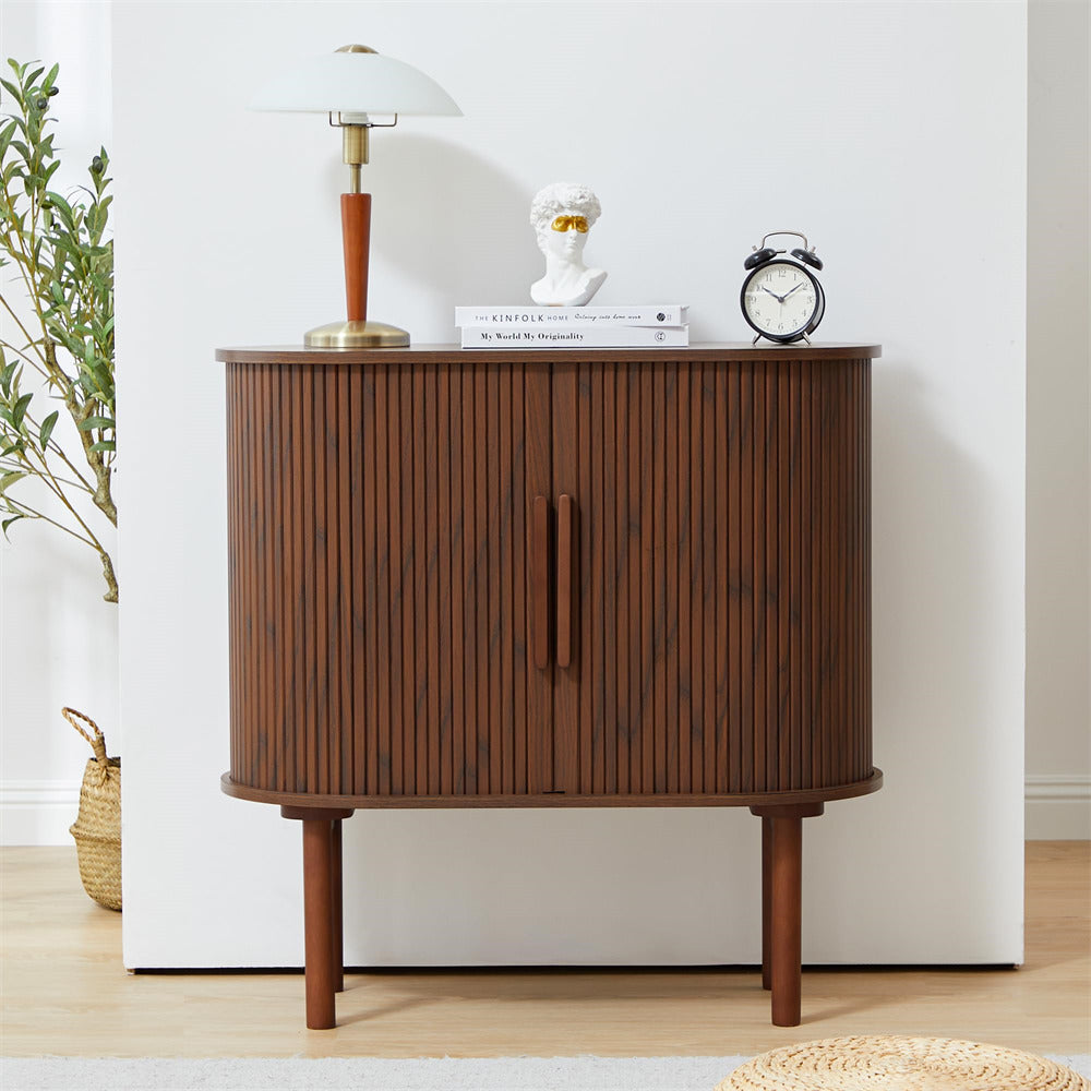 Walnut 31'' Buffet Sideboard Small Bar Cabinet with Fluted Slide Doors