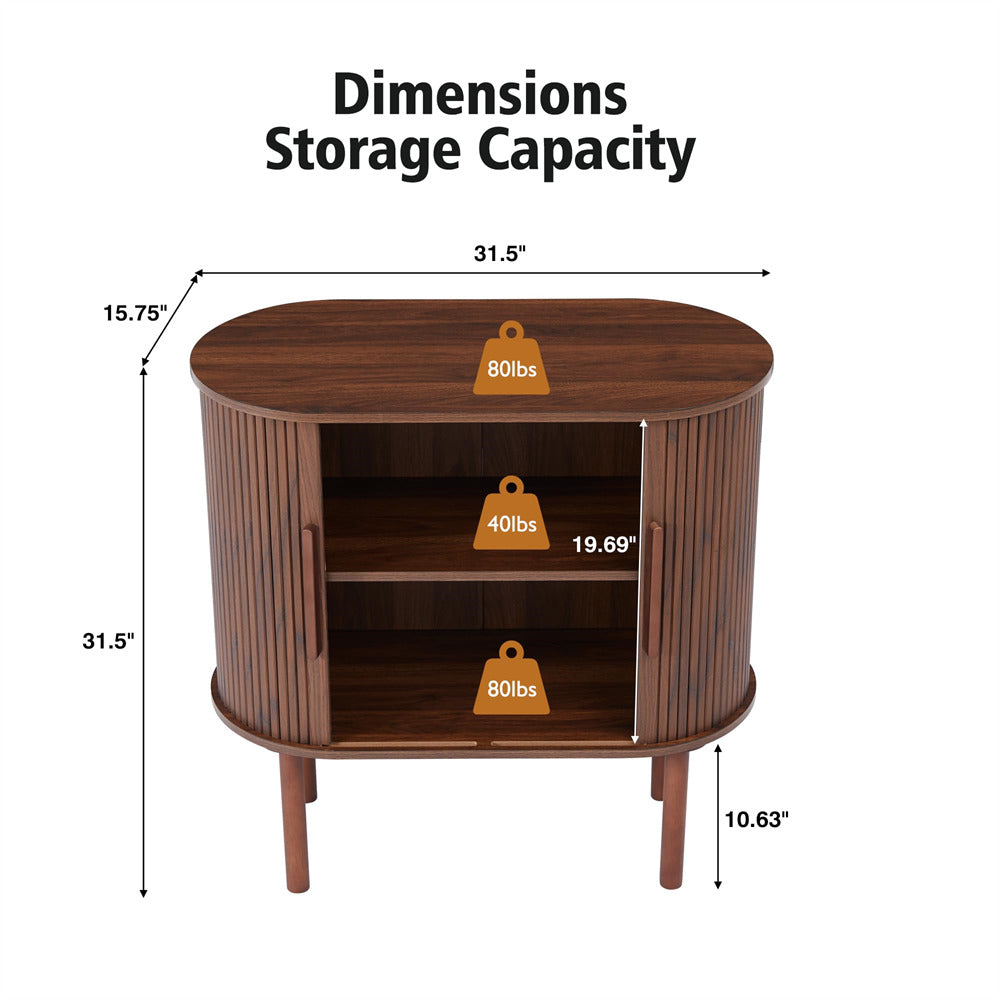 Walnut 31'' Buffet Sideboard Small Bar Cabinet with Fluted Slide Doors Size