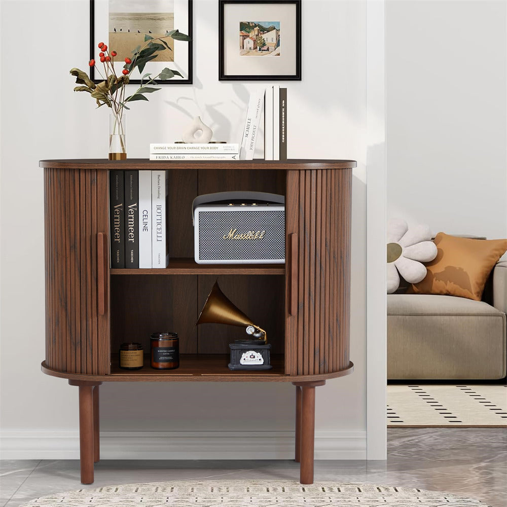 Walnut 31'' Buffet Sideboard Small Bar Cabinet with Fluted Slide Doors