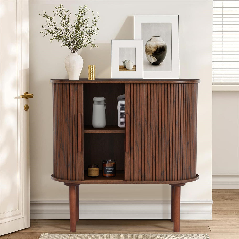 Walnut 31'' Buffet Sideboard Small Bar Cabinet with Fluted Slide Doors