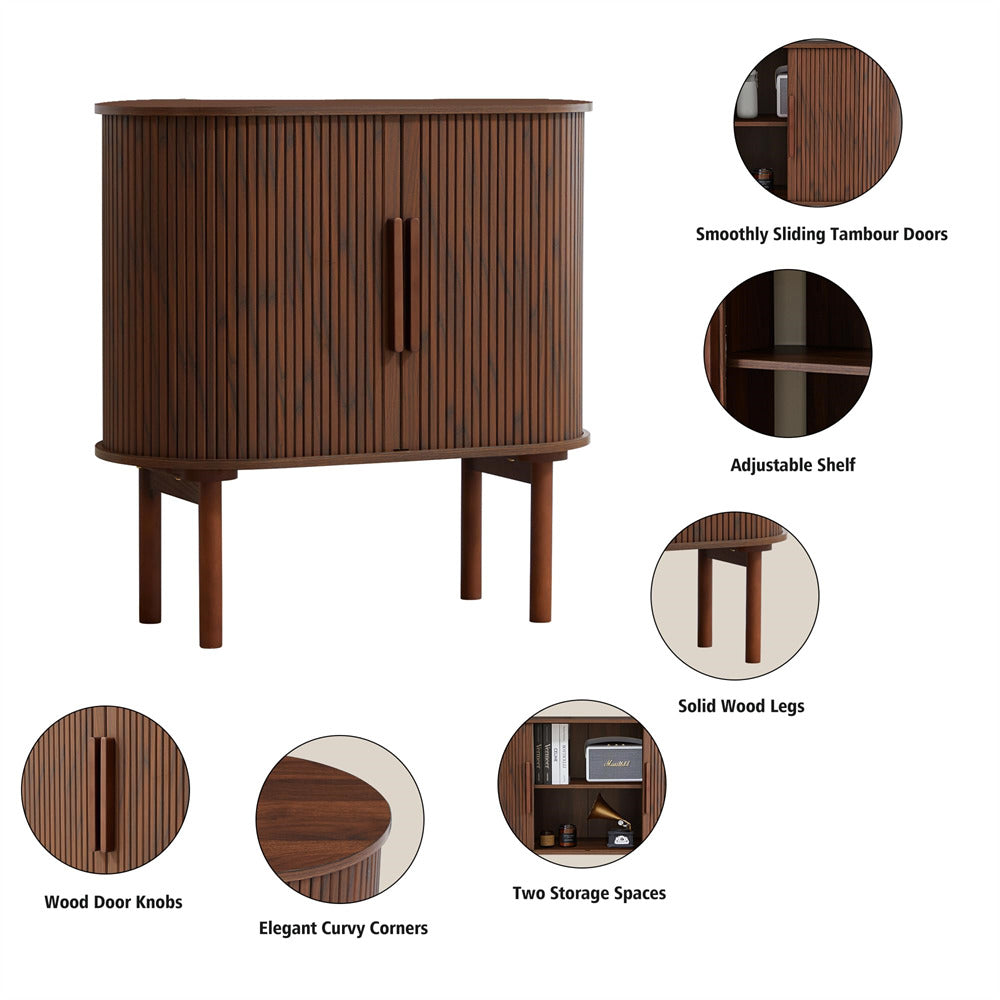 Walnut 31'' Buffet Sideboard Small Bar Cabinet with Fluted Slide Doors