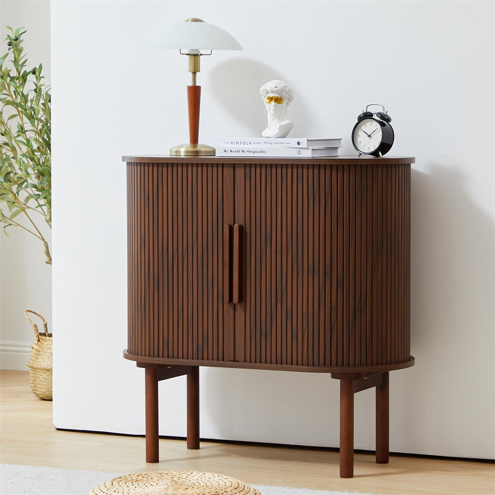 Walnut 31'' Buffet Sideboard Small Bar Cabinet with Fluted Slide Doors