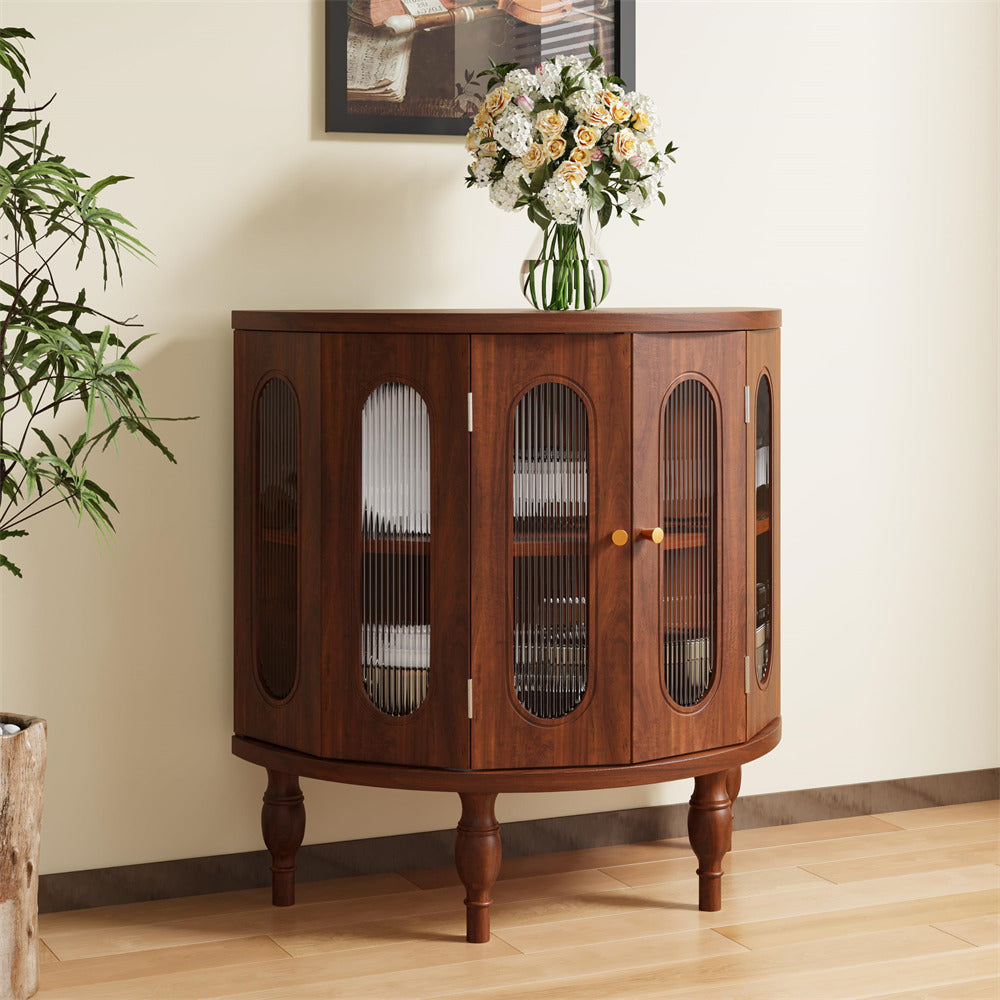 Walnut 31'' Semi-Circle Sideboard Buffer Storage Cabinet Console Table with Wooden Finish & Acrylic Doors