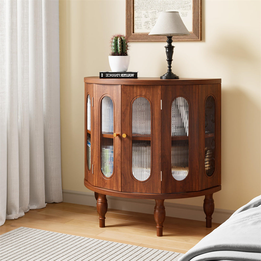 Walnut 31'' Semi-Circle Sideboard Buffer Storage Cabinet Console Table with Wooden Finish & Acrylic Doors