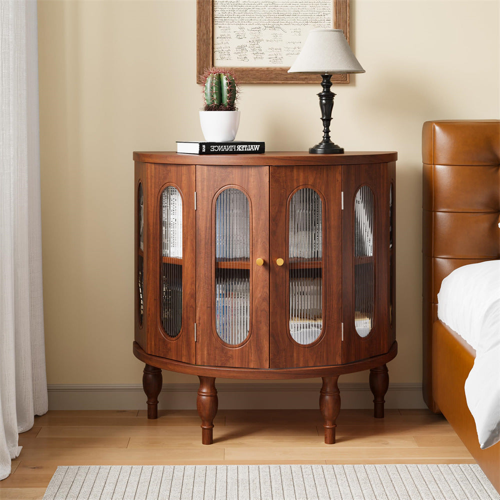 Walnut 31'' Semi-Circle Sideboard Buffer Storage Cabinet Console Table with Wooden Finish & Acrylic Doors