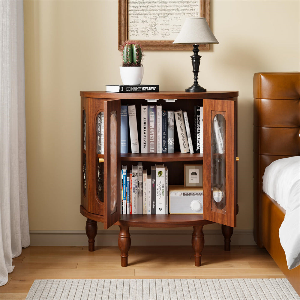 Walnut 31'' Semi-Circle Sideboard Buffer Storage Cabinet Console Table with Wooden Finish & Acrylic Doors