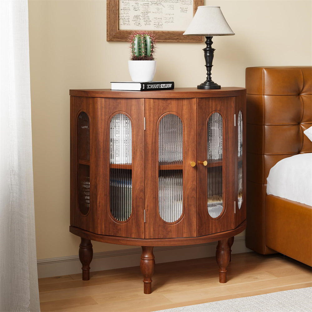 Walnut 31'' Semi-Circle Sideboard Buffer Storage Cabinet Console Table with Wooden Finish & Acrylic Doors
