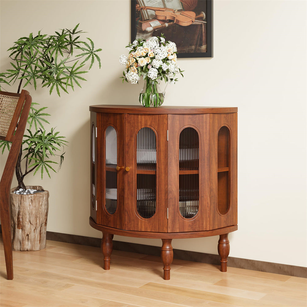 Walnut 31'' Semi-Circle Sideboard Buffer Storage Cabinet Console Table with Wooden Finish & Acrylic Doors