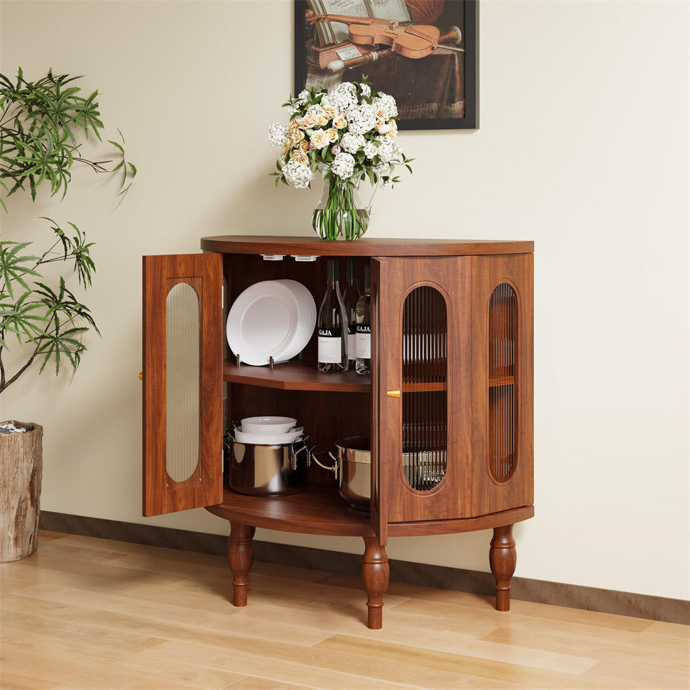 Walnut 31'' Semi-Circle Sideboard Buffer Storage Cabinet Console Table with Wooden Finish & Acrylic Doors