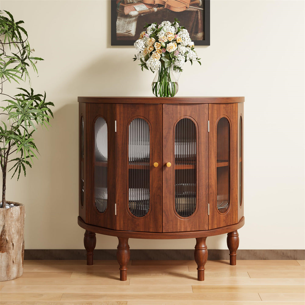 Walnut 31'' Semi-Circle Sideboard Buffer Storage Cabinet Console Table with Wooden Finish & Acrylic Doors