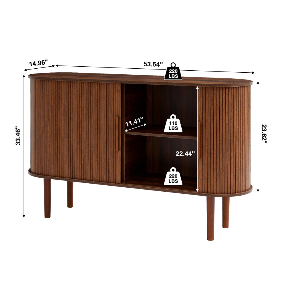Walnut 53''Sideboard Modern Storage Cabinet Console Table with Fluted Slide Doors