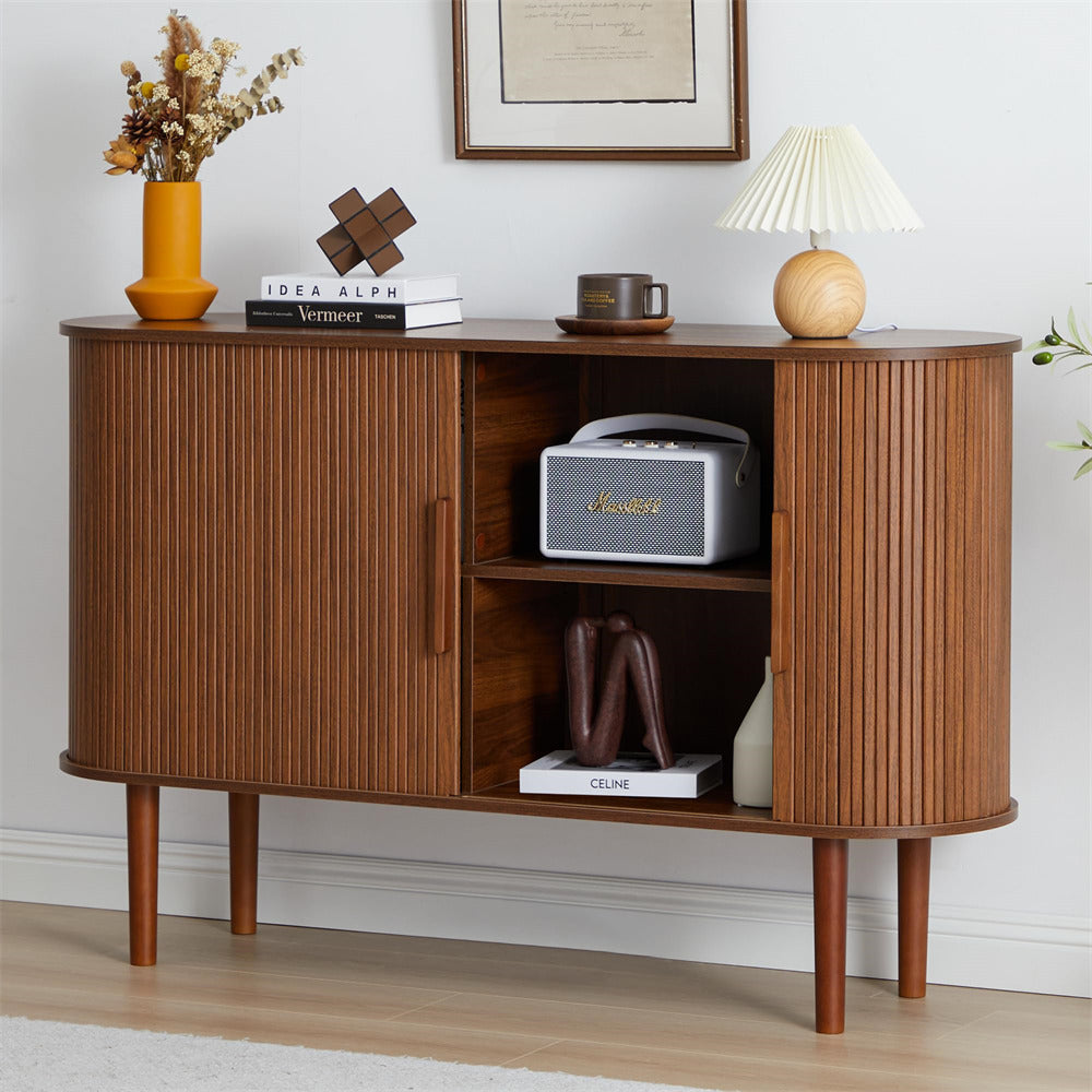 Walnut 53''Sideboard Modern Storage Cabinet Console Table with Fluted Slide Doors
