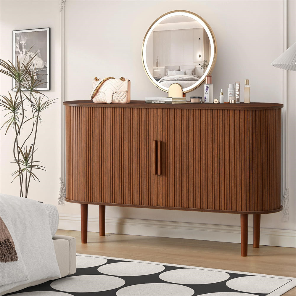 Walnut 53''Sideboard Modern Storage Cabinet Console Table with Fluted Slide Doors