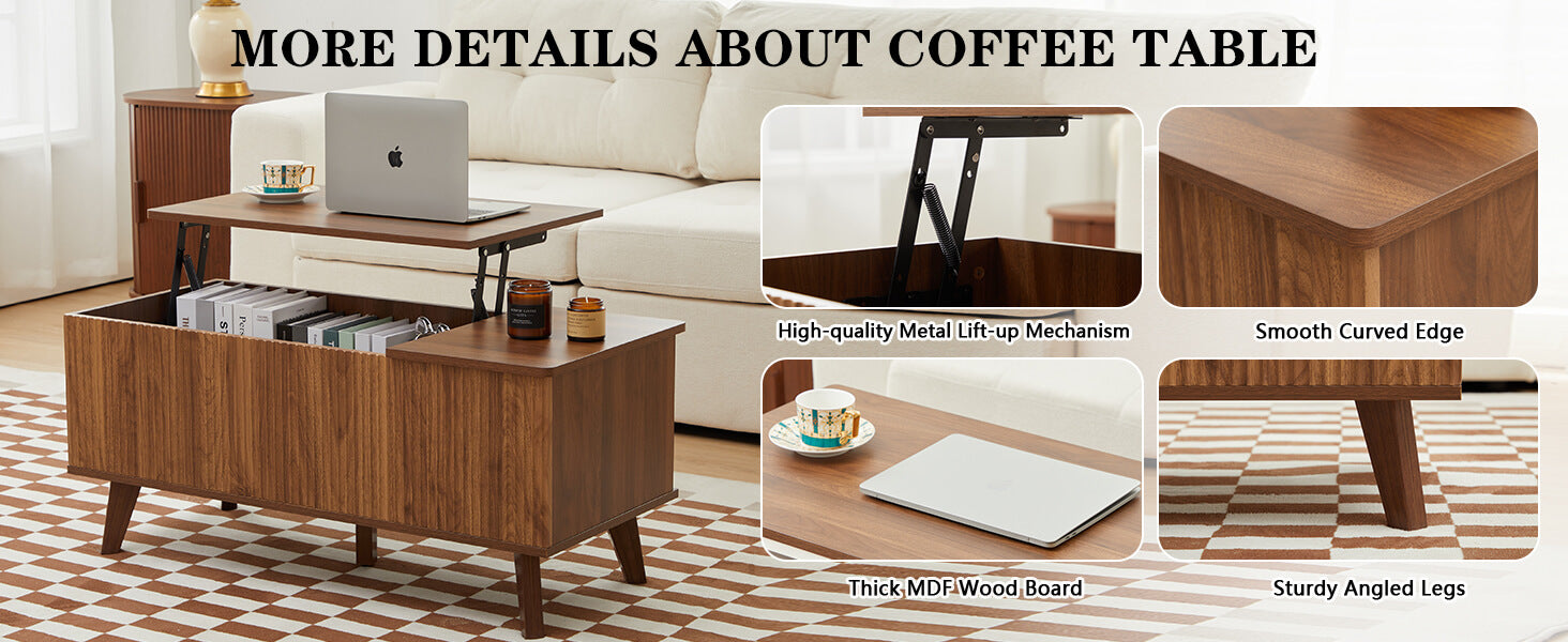 Walnut Wooden Fluted Lift Top Coffee Table image4