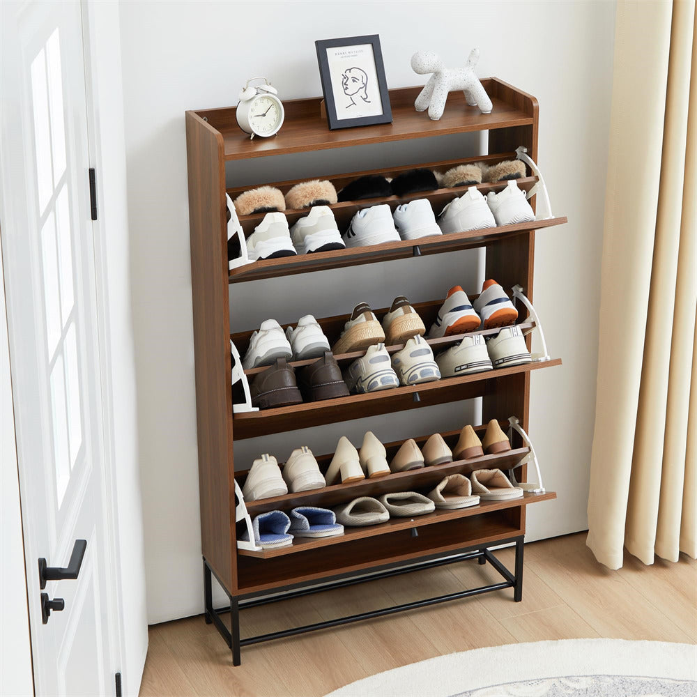 Walnut Freestanding Narrow Shoe Cabinet with 3 Flip Drawers and Blackboard