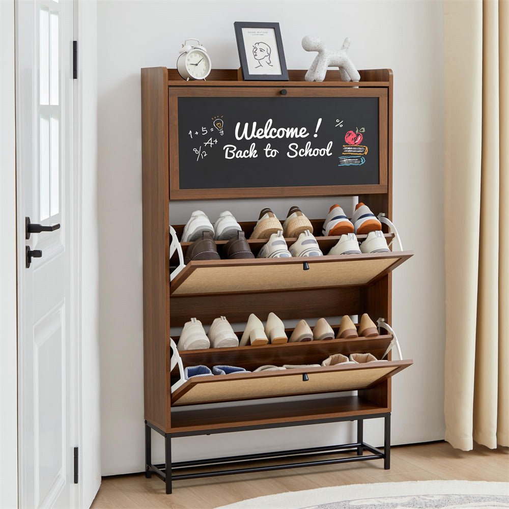 Walnut Freestanding Narrow Shoe Cabinet with 3 Flip Drawers and Blackboard