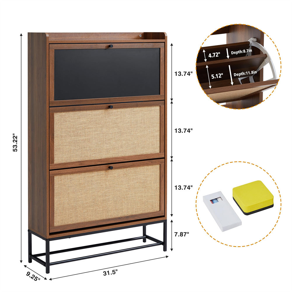 Walnut Freestanding Narrow Shoe Cabinet with 3 Flip Drawers and Blackboard