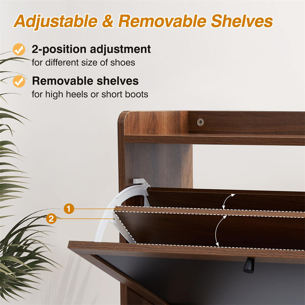 Walnut Freestanding Narrow Shoe Cabinet with 3 Flip Drawers and Blackboard