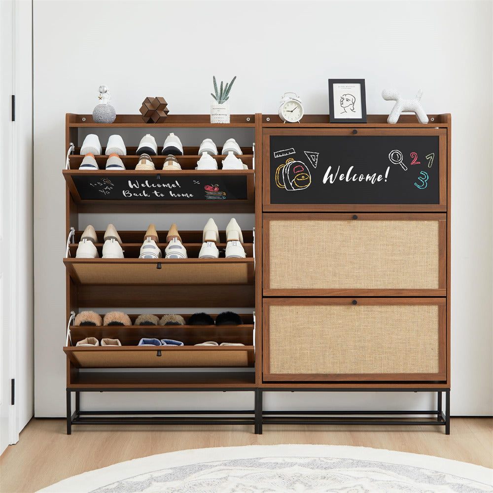 Walnut Freestanding Narrow Shoe Cabinet with 3 Flip Drawers and Blackboard