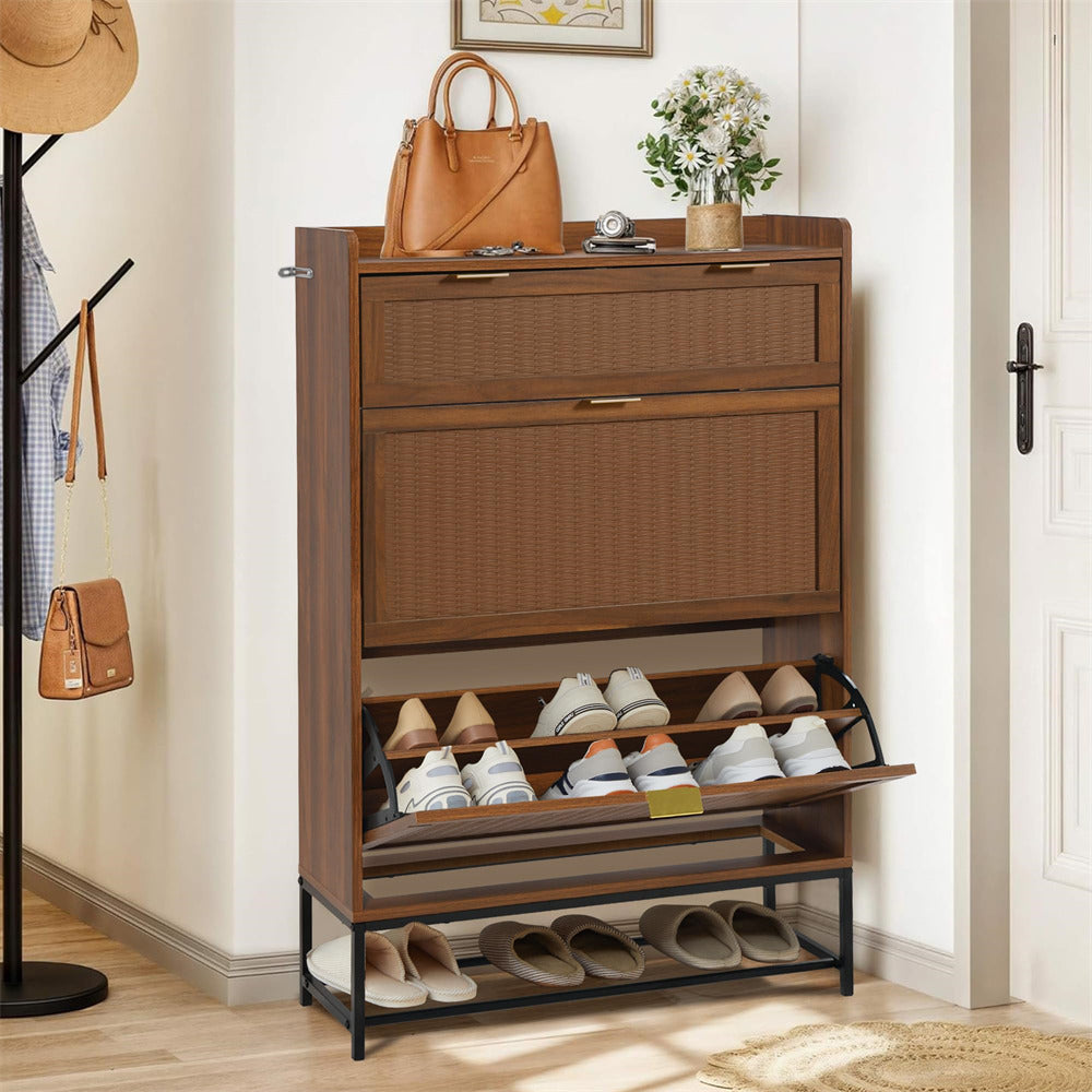Walnut Hidden Shoe Cabinet Free Standing Narrow Shoe Rack Cabinet with 2 Flip Drawer