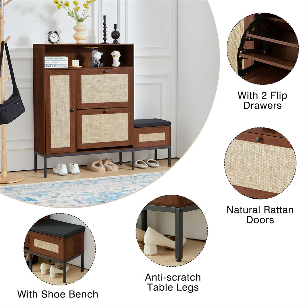 Walnut Large 18 Pair Shoe Storage Cabinet with 2 Flip Drawers and Shoe Bench