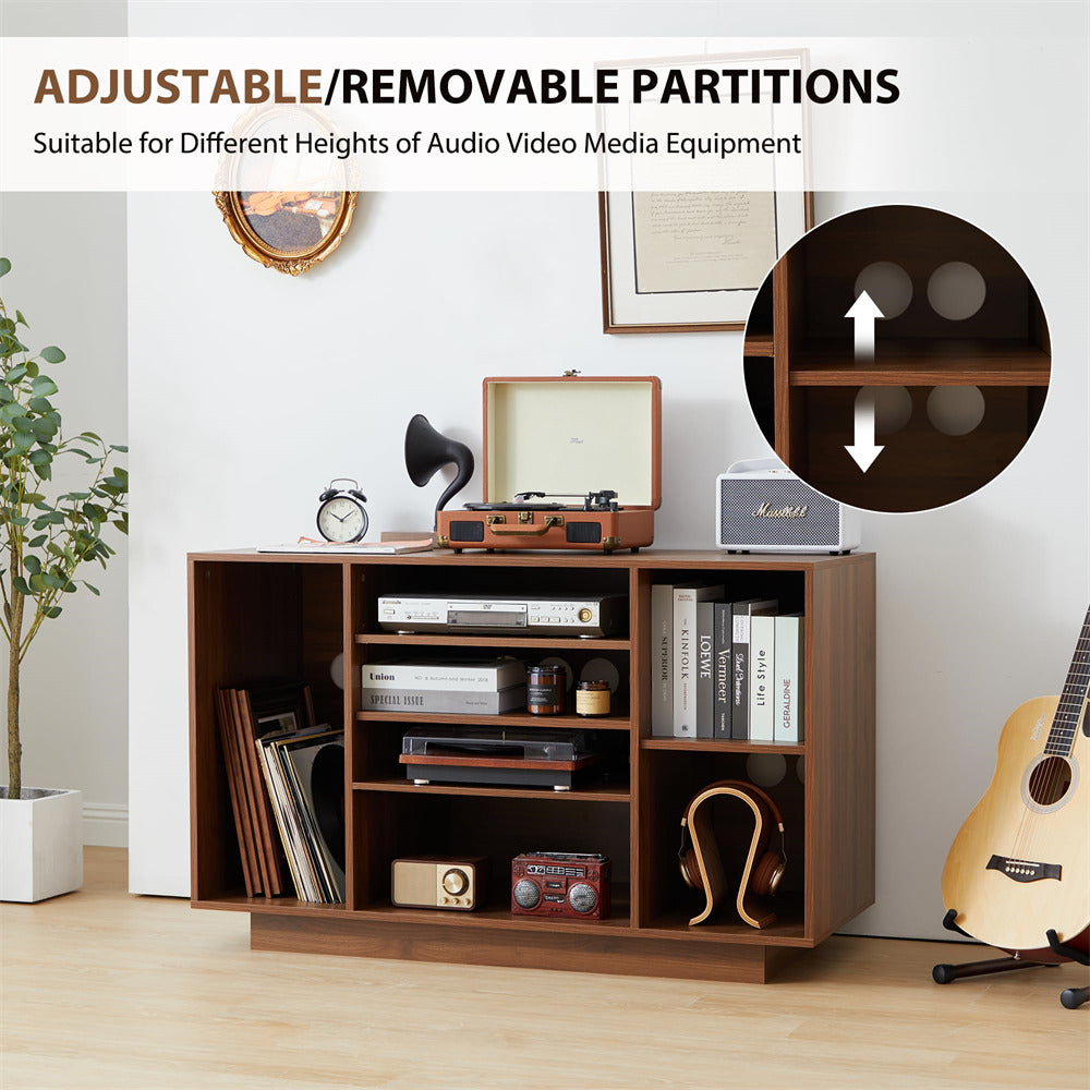 Walnut Media Console Stereo Cabinet Audio Rack with 3 Hight-Adjustable Shelves and 16 Cable Holes