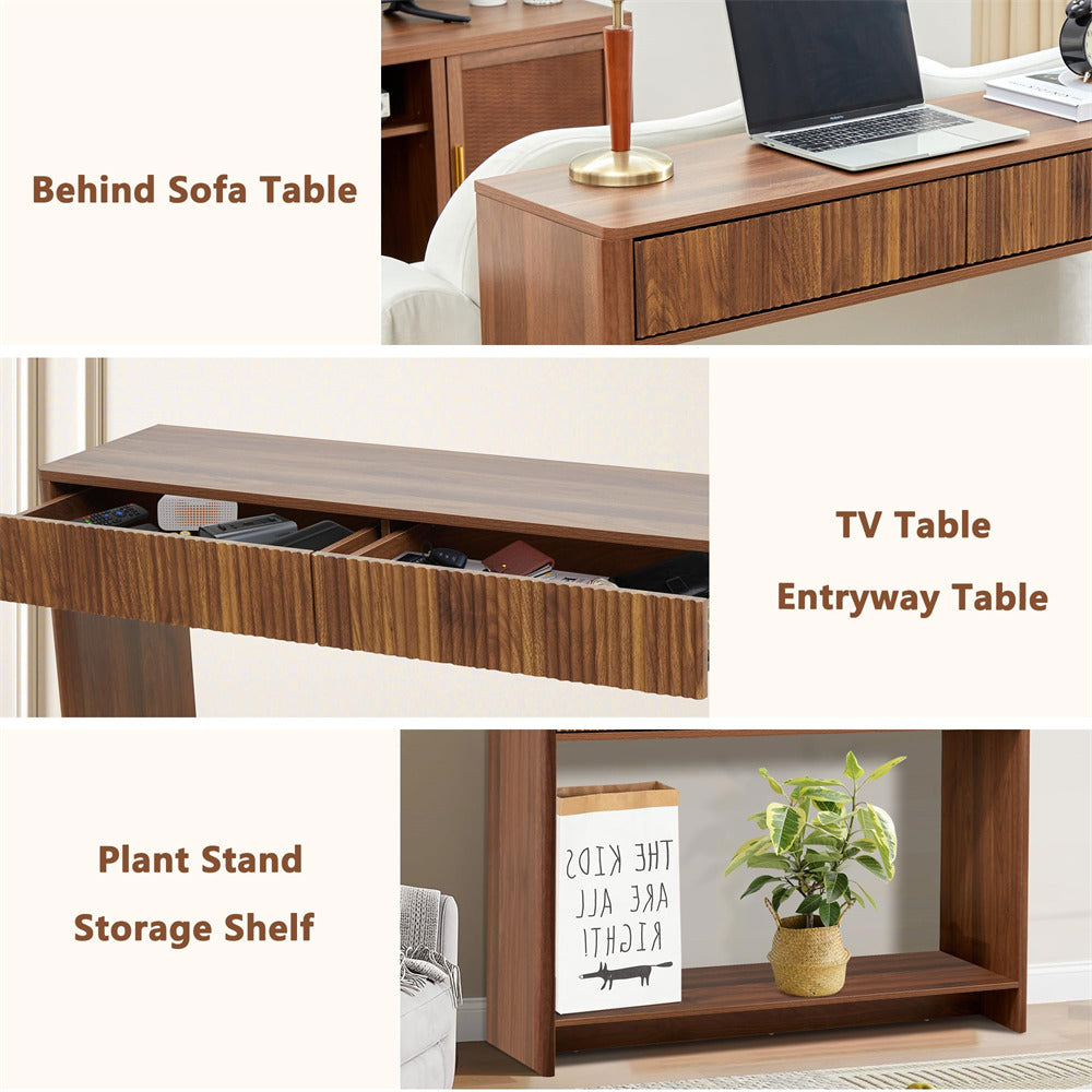 Walnut Mid Century Farmhouse Fluted Narrow Console Table 43.3' Couch Table with Storage and Drawers